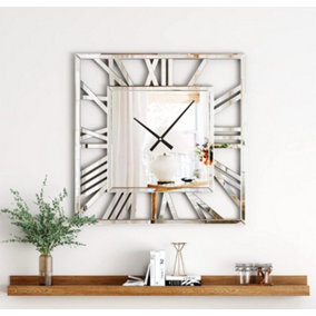 Full Mirrored Square Wall Clock Roman Numeral Silent