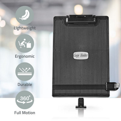 Full Motion Ergonomic Adjustable Desk Mount Copy Holder with Line Guide, Document Holder with Adjustable Arm and Clip