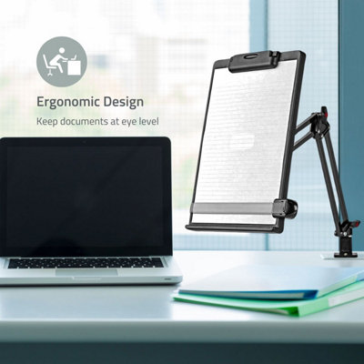 Full Motion Ergonomic Adjustable Desk Mount Copy Holder with Line Guide, Document Holder with Adjustable Arm and Clip