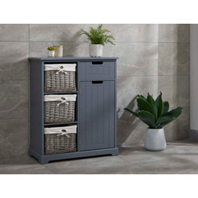 Fully Assembled Grooved Bathroom Storage Console Unit with Woven Baskets in Grey