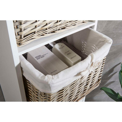Fully Assembled White Bathroom Tallboy Storage Unit with Willow Baskets