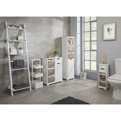 Fully Assembled White Bathroom Tallboy Storage Unit with Willow Baskets