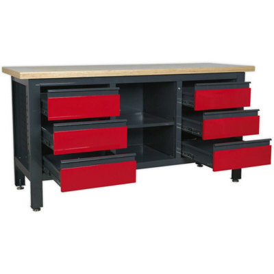 Fully Lockable Workstation- 6 Drawers & Adjustable Shelf Storage - MDF Work Top