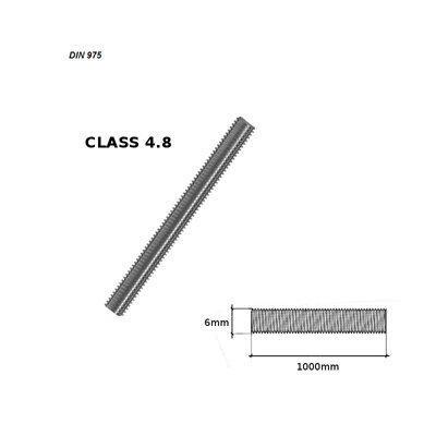 Fully Threaded Rod Zinc Plated Studding Bar Grade 4.8 - 1m Length - Diameter 6mm - Pack of 1