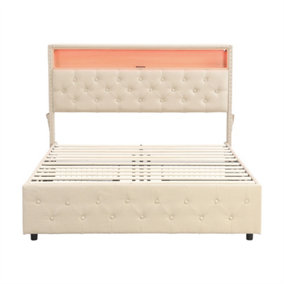 Functional bed, LED light bed, bedside pocket design, with four storage drawers, mattress not included, linen, beige