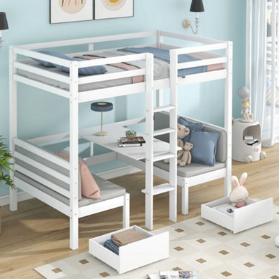 Functional Loft Bed Frame with Two Drawers Bunk Bed Frame Turn Into Upper Bed and Down Desk for Children Kids White 90x190cm