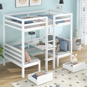 Functional Loft Bed Frame with Two Drawers, Bunk Bed Frame Turn Into Upper Bed and Down Desk, for Children Kids, White (90x190cm)