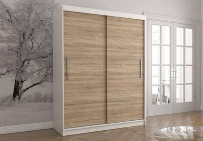 Functional Vista 06 Sliding Door Wardrobe with Ample Storage Space in White and Oak Sonoma - (H)2000mm x (W)1500mm x (D)610mm