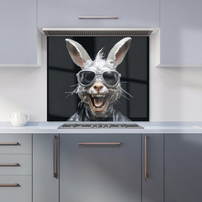 Funky Rabbit Face With Glasses Premium Glass Kitchen Splashback W600mm x H600mm