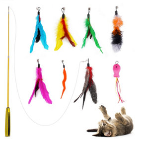 FurDreams Interactive Cat Wand Toy - Extendable Indoor Cat Toys, Feather Wand & Fishing Rod with 8 Colourful Bird Feathers