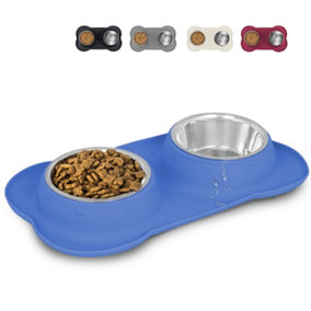 FurDreams Twin Dog and Cat Bowls, Bone Shaped Mat with Stainless Steel Dishes 200ml Food & Water Pet Bowls