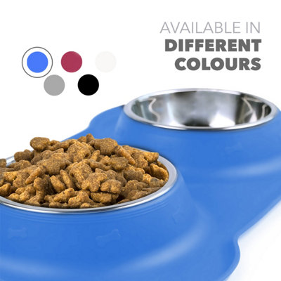 FurDreams Twin Dog and Cat Bowls, Bone Shaped Mat with Stainless Steel Dishes 200ml Food & Water Pet Bowls