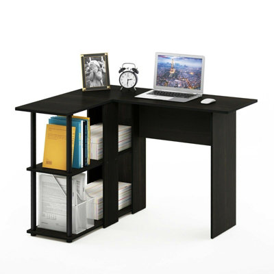 Furinno Abbott L-Shape Desk with Bookshelf, Espresso/Black