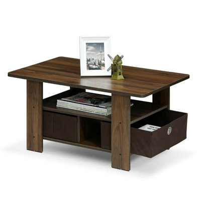 Furinno Andrey Coffee Table with Bin Drawer, Columbia Walnut/Dark Brown