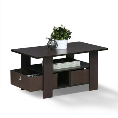 Furinno Andrey Coffee Table with Bin Drawer, Dark Walnut