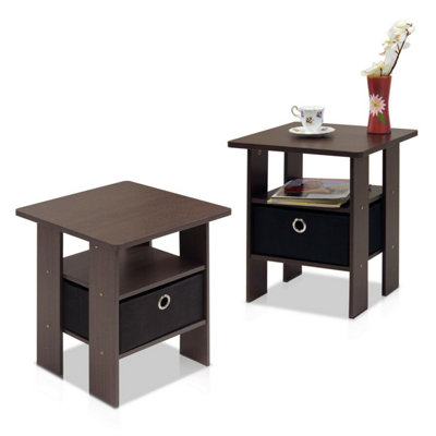 Furinno Andrey End Table Nightstand with Bin Drawer, Dark Brown/Black, Set of 2