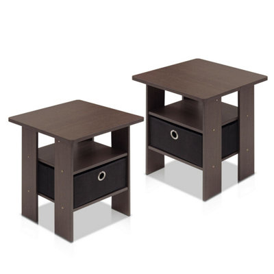 Furinno Andrey End Table Nightstand with Bin Drawer, Dark Brown/Black, Set of 2