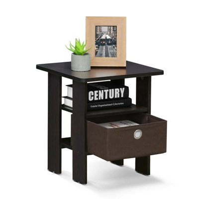 Furinno Andrey End Table Nightstand with Bin Drawer, Dark Walnut, 11157DWN