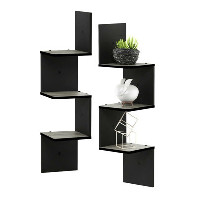 Furinno Rossi 3-Tier Set of 2 Wall Mount Floating Corner Square Shelf, French Oak Grey/Black