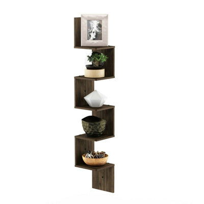 Furinno Rossi 5-Tier Wall Mount Floating Corner Square Shelf, Columbia Walnut