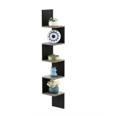 Furinno Rossi 5-Tier Wall Mount Floating Corner Square Shelf, French Oak Grey/Black