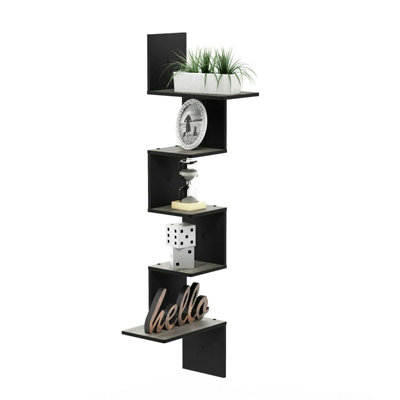 Furinno Rossi Modern 5-Tier Wall Floating Corner Shelf, French Oak Grey/Black