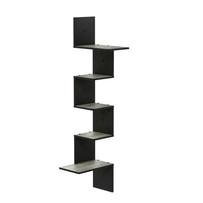 Furinno Rossi Modern 5-Tier Wall Floating Corner Shelf, French Oak Grey/Black