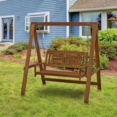 Furinno Tioman Hardwood Hanging Porch Swing with Stand in Teak Oil Natural