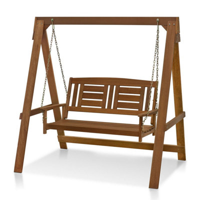 Furinno Tioman Hardwood Hanging Porch Swing with Stand in Teak Oil, Natural