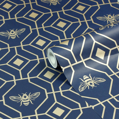 furn. Bee Deco Dark Blue Geometric Foil Wallpaper Sample