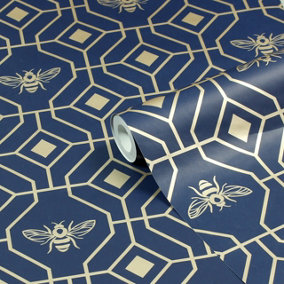 furn. Bee Deco Dark Blue Geometric Foil Wallpaper