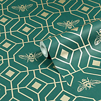 furn. Bee Deco Emerald Green Geometric Foil Wallpaper