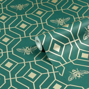 furn. Bee Deco Emerald Green Geometric Foil Wallpaper