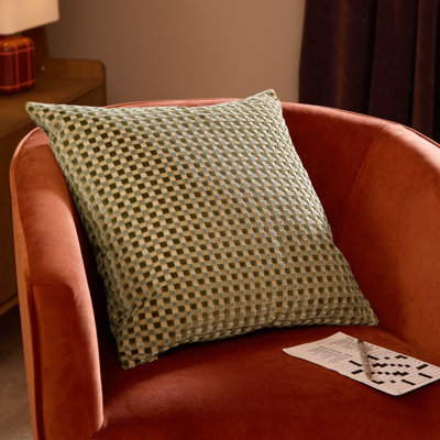 Furn Checkered Velvet Polyester Filled Cushion, Eucalyptus, 45 x 45cm