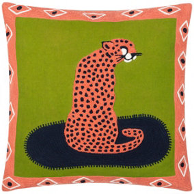 furn. Coral Cheetah Embroidered 100% Cotton Feather Filled Cushion