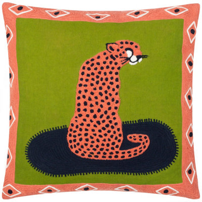 furn. Coral Cheetah Embroidered 100% Cotton Polyester Filled Cushion