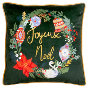 furn. Deck The Halls Embroidered Printed Piped Velvet Polyester Filled Cushion