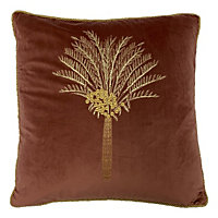furn. Desert Palm Embroidered Velvet Piped Polyester Filled Cushion