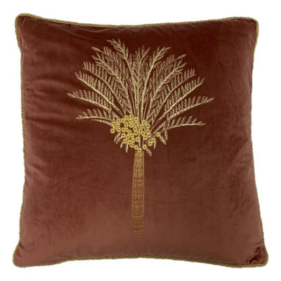 furn. Desert Palm Embroidered Velvet Piped Polyester Filled Cushion