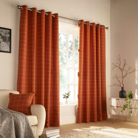 furn. Ellis Windowpane Check Lined Eyelet Curtains, Burnt Orange
