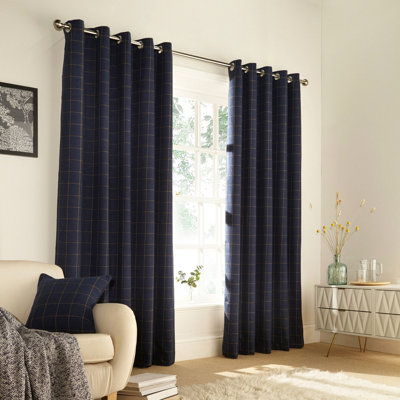 furn. Ellis Windowpane Check Lined Eyelet Curtains, Navy