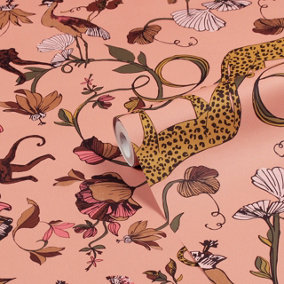 furn. Exotic Wildlings Blush Pink Tropical Printed Wallpaper