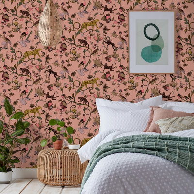 furn. Exotic Wildlings Blush Pink Tropical Printed Wallpaper