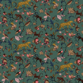 furn. Exotic Wildlings Juniper Green Tropical Printed Wallpaper Sample