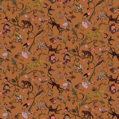 furn. Exotic Wildlings Sienna Brown Tropical Printed Wallpaper Sample