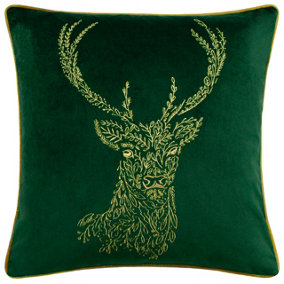 furn. Forest Fauna Embroidered Woodland Stag Velvet Feather Filled Cushion