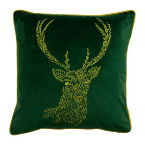 furn. Forest Fauna Gold Embroidered Woodland Stag Piped Square Polyester Filled Cushion