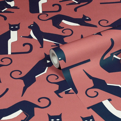 furn. Geo Cat Pink Printed Wallpaper