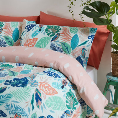 Furn. Set Piumino E Federe Guava | Matrimoniale Doppio Con Fantasia Tropicale Uccelli | Polycotton Morbido E Reversibile | Lavabile In Lavatrice - 2