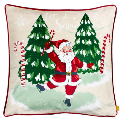 furn. Jolly Santa Let It Snow Printed Piped Velvet Feather Rich Cushion